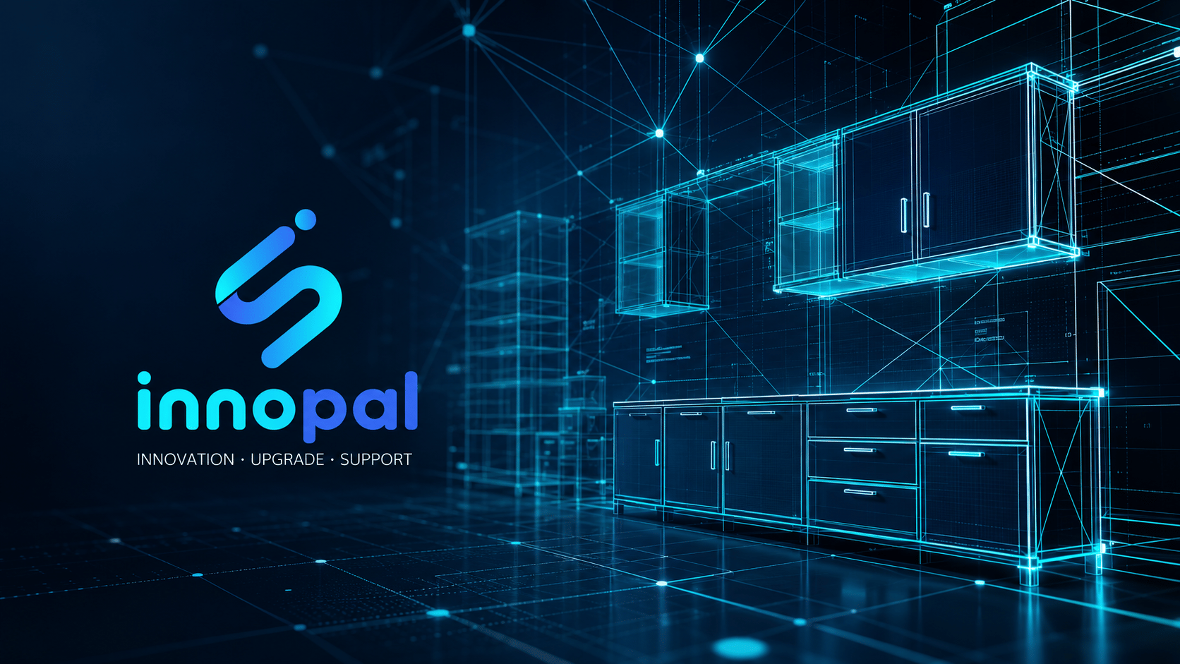 Η ταυτότητα INNOPAL δίπλα σε κυανό σχέδιο CAD επίπλων κουζίνας σε σκούρο φόντο